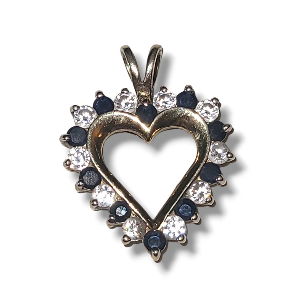 JJT 925 Sterling Silver Gold Plated Heart Pendant CZ Blue Sapphire Stones 3.25g